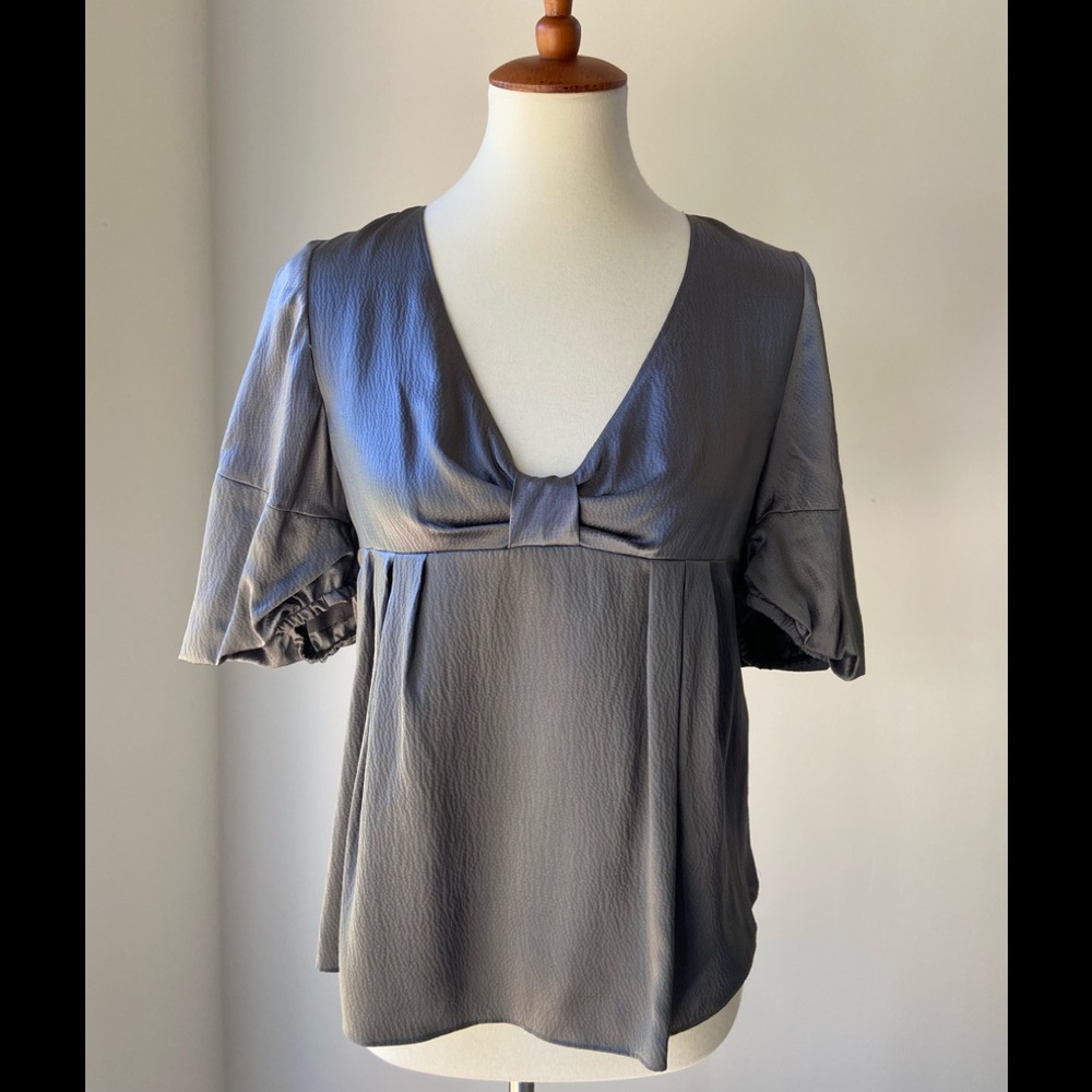 Gunmetal Grey 100% silk Club Monaco blouse with empire waist